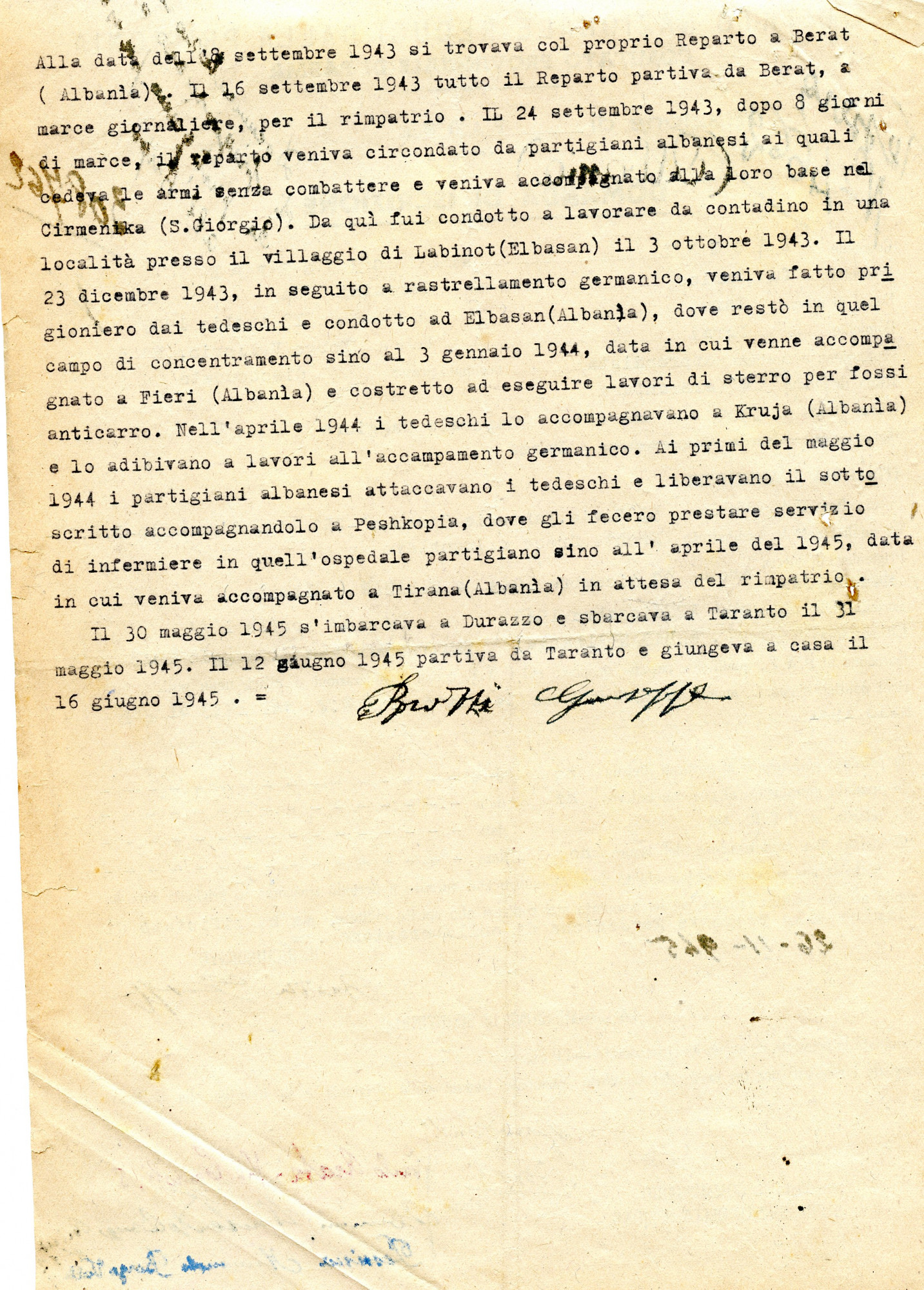 8 settembre a Berat: catturato dai partigiani albanesi e rastrellato dai tedeschi